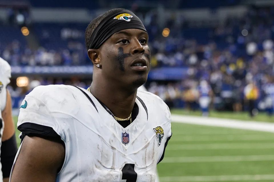 Jacksonville Jaguars running back Travis Etienne Jr. (1) after the game against the Indianapolis Colts at Lucas Oil Stadium© Trevor Ruszkowski-Imagn Images