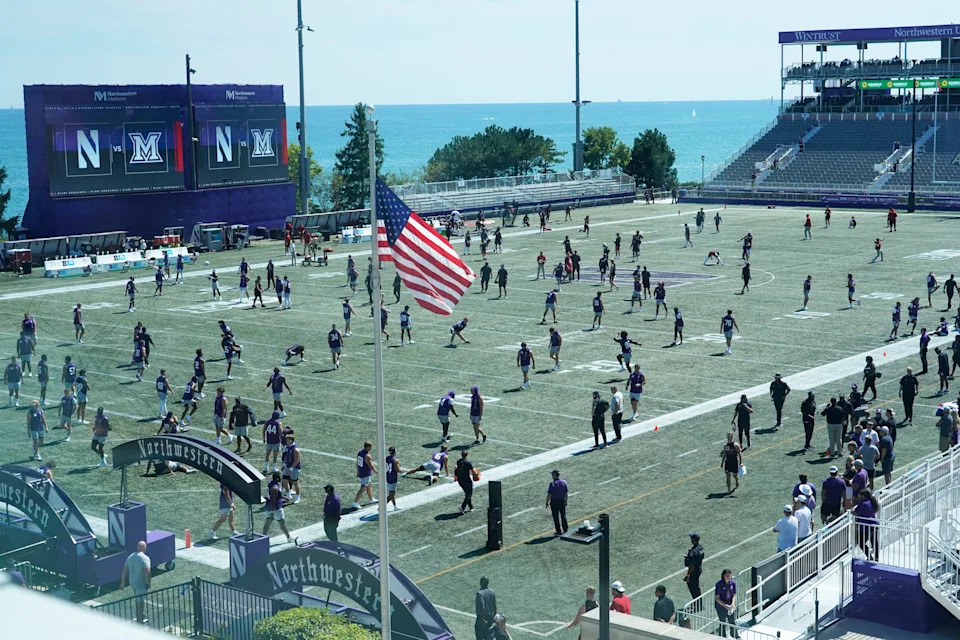 Aug 31, 2024; Evanston, Illinois, USA; A general view of the temporary Lanny and Sharon Martin Stadium where the Northwestern Wildcats will play the Miami (Oh) Redhawks in a football game. Mandatory Credit: David Banks-USA TODAY Sports