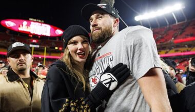 Travis Kelce, pictured with girlfriend Taylor Swift in January after a Kansas City Chiefs game