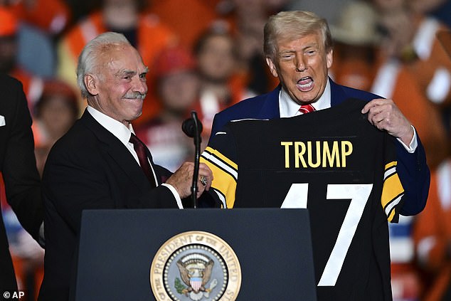Steelers legend Rocky Bleier presented Trump with a personalized No 47 jersey at the rally
