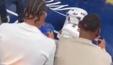 A clip from the Indiana Pacers’ Game 6 win over the Oklahoma City Thunder shows Jefferson (left) playing ‘ Fortnite ’ on his mobile device as a seatmate thumbs around on his phone