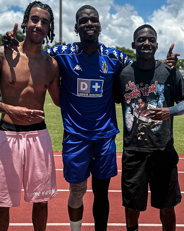 Over the weekend, Pogba was pictured training with Man United stars Leny Yoro (left) and Kobbie Mainoo
