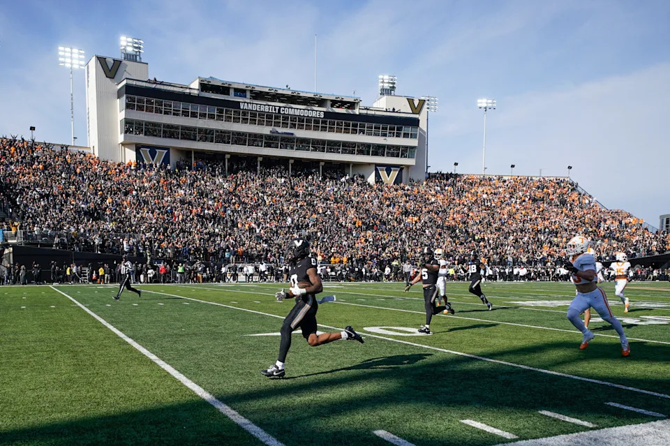 Vanderbilt wide receiver Junior Sherrill (0) runs back the opening kickoff for a touchdown against Tennessee during the first quarter at FirstBank Stadium in Nashville, Tenn., Saturday, Nov. 30, 2024.