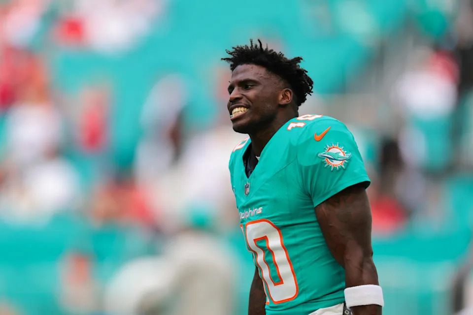 Miami Dolphins wide receiver Tyreek Hill (10) reacts on the field before the game against the San Francisco 49ers at Hard Rock Stadium.Sam Navarro-Imagn Images