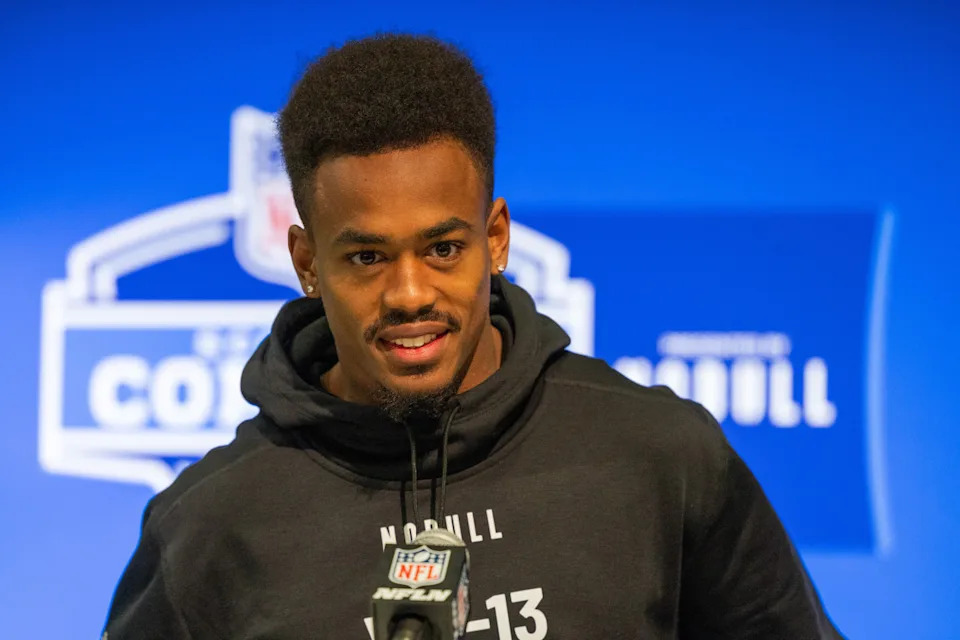 Michigan wide receiver Cornelius Johnson (WO13) talks to the media at the NFL Combine.Trevor Ruszkowski-Imagn Images