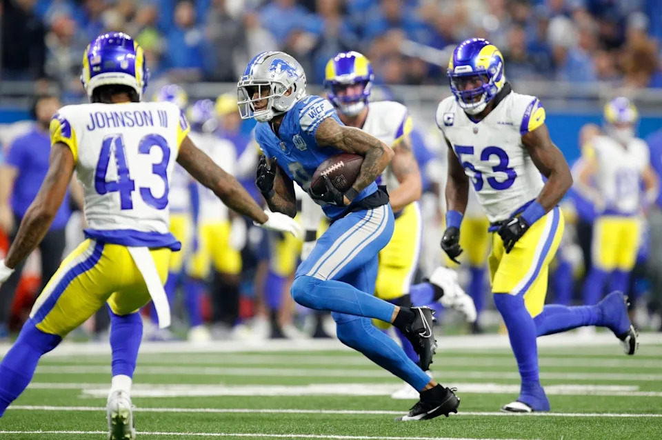 Detroit Lions wide receiver Josh Reynolds runs the ball during the first half against the L.A. Rams at Ford Field in Detroit on Sunday, Jan. 14, 2024. Junfu Han / USA TODAY NETWORKJunfu Han / USA TODAY NETWORK