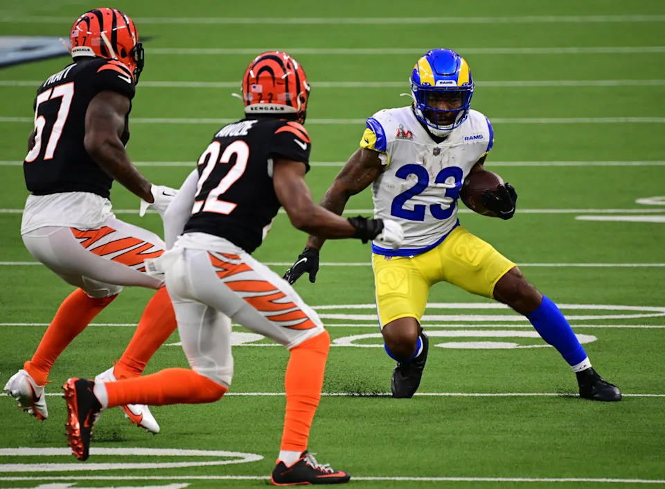 Los Angeles Rams running back Cam Akers (23) runs with the ball against the Cincinnati Bengals in Super Bowl LVI. Mandatory Credit: Gary A. Vasquez-Imagn Images