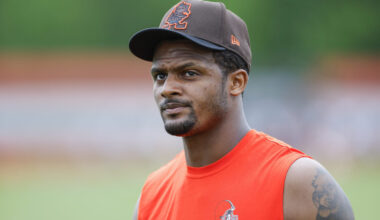 Cleveland Browns quarterback Deshaun Watson walks off the field during an NFL football practice at the team's training facility Wednesday, May 25, 2022, in Berea, Ohio.