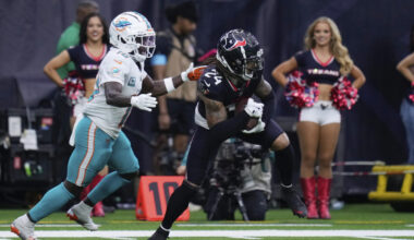 Houston Texans cornerback Derek Stingley Jr. (24) intercepts a pass intended for Miami Dolphins wide receiver Tyreek Hill (10) during the second half of an NFL football game Sunday, Dec. 15, 2024, in Houston.