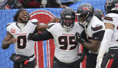 Houston Texans defensive end Derek Barnett (95) celebrates with teammates after returning a fumble for a touchdown against the Tennessee Titans during the second half of an NFL football game Sunday, Jan. 5, 2025, in Nashville, Tenn. (AP Photo/George Walker IV)