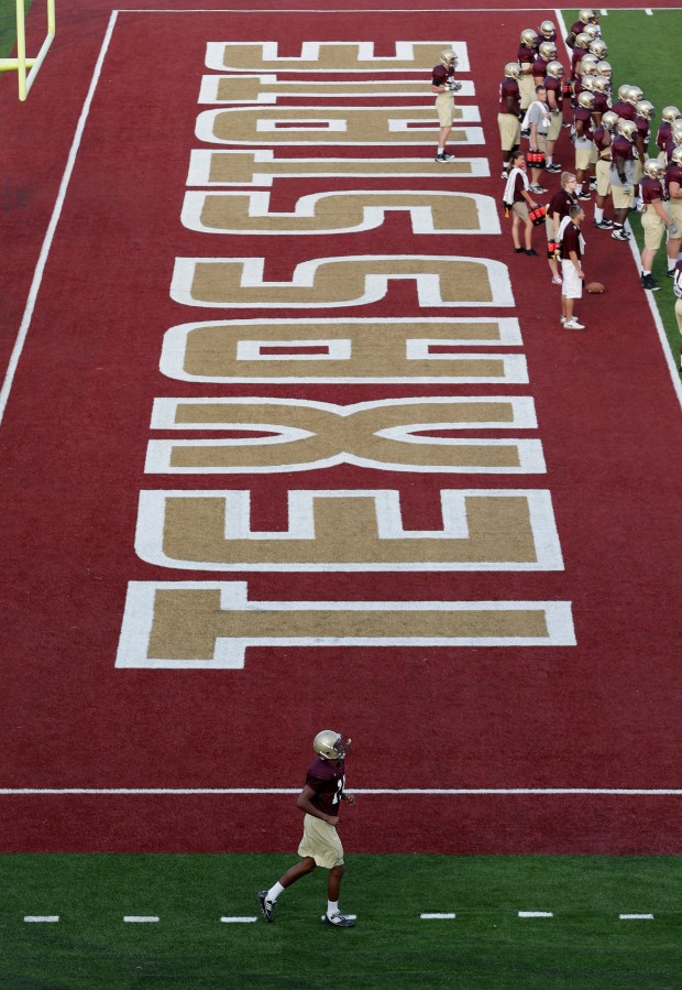 Texas State holds NCAA college football practice at Bobcat Stadium on the campus of Texas State in San Marcos, Texas. (AP Photo/Eric Gay)