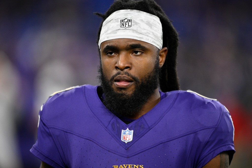 Diontae Johnson (18) looks on before an NFL football game against the Cincinnati Bengals, Nov. 7, 2024, in Baltimore.