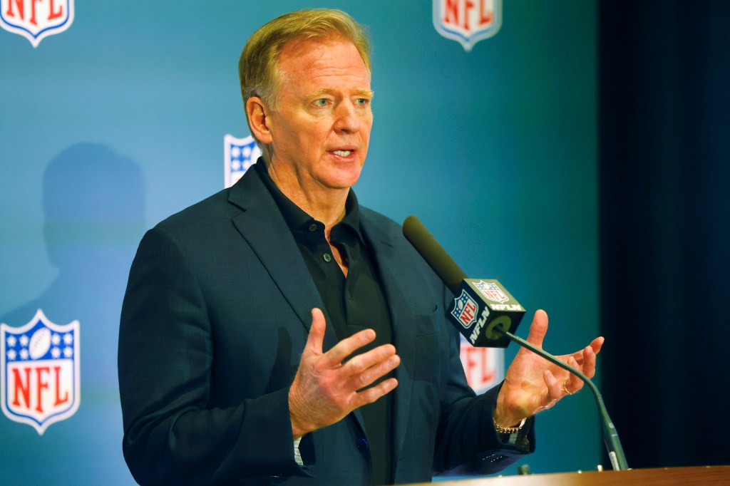 NFL commissioner Roger Goodell addresses the media at a press conference at the NFL football owners meeting, Wednesday, May 21, 2025, in Eagan, Minn.