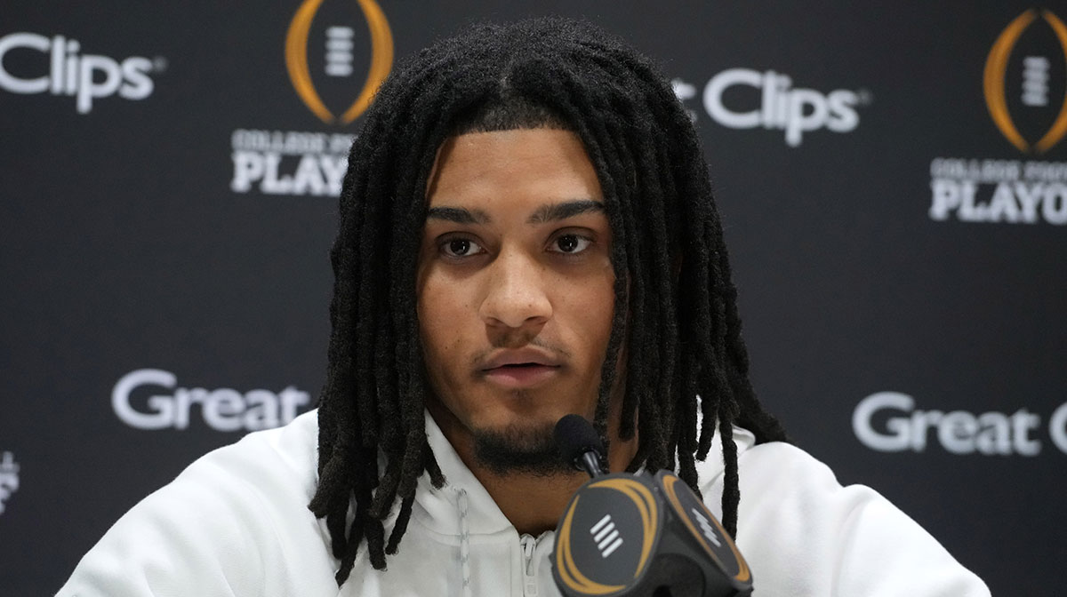 Notre Dame Fighting Irish safety Xavier Watts (0) during 2025 CFP National Championship Media Day at Georgia World Congress Center, Building A.