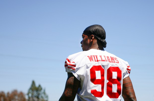 San Francisco 49ers' Mykel Williams (98) walks towards the field during a practice at Levi's Stadium in Santa Clara, Calif., on Friday, May 9, 2025. (Shae Hammond/Bay Area News Group)