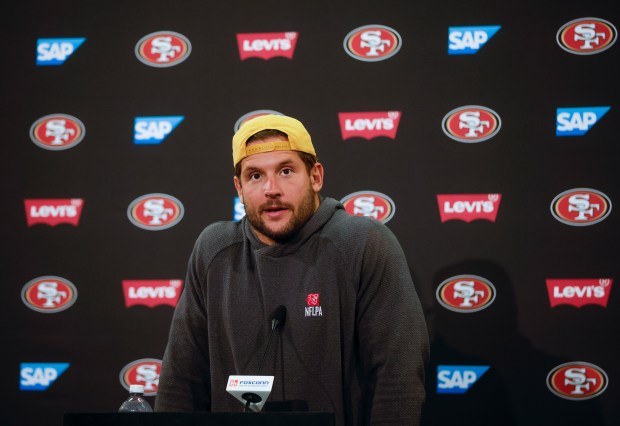 San Francisco 49ers' Nick Bosa (97) speaks during a press conference at Levi's Stadium in Santa Clara, Calif., on Wednesday, June 4, 2025. (Shae Hammond/Bay Area News Group)