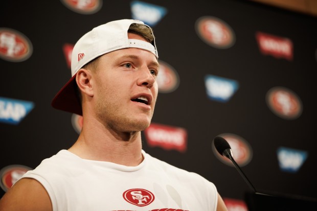 San Francisco 49ers' Christian McCaffrey speaks during a press conference in Santa Clara, Calif., on Wednesday, June 11, 2025. (Dai Sugano/Bay Area News Group)