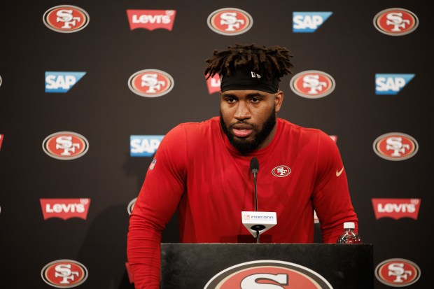 San Francisco 49ers' Bryce Huff speaks during a press conference in Santa Clara, Calif., on Wednesday, June 11, 2025. (Dai Sugano/Bay Area News Group)