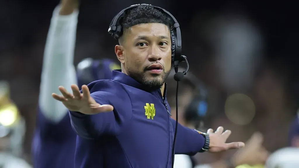Head coach Marcus Freeman of the Notre Dame Fighting Irish reacts during the fourth quarter against the Georgia Bulldogs during the 91st Allstate Sugar Bowl at Caesars Superdome on January 02, 2025 in New Orleans, Louisiana.