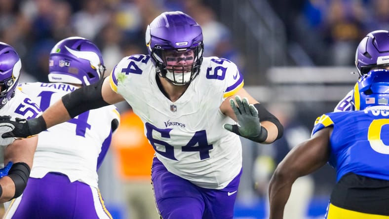 Blake Brandel blocks during a Vikings playoff game against the Rams at State Farm Stadium. vikings roster needs 2026