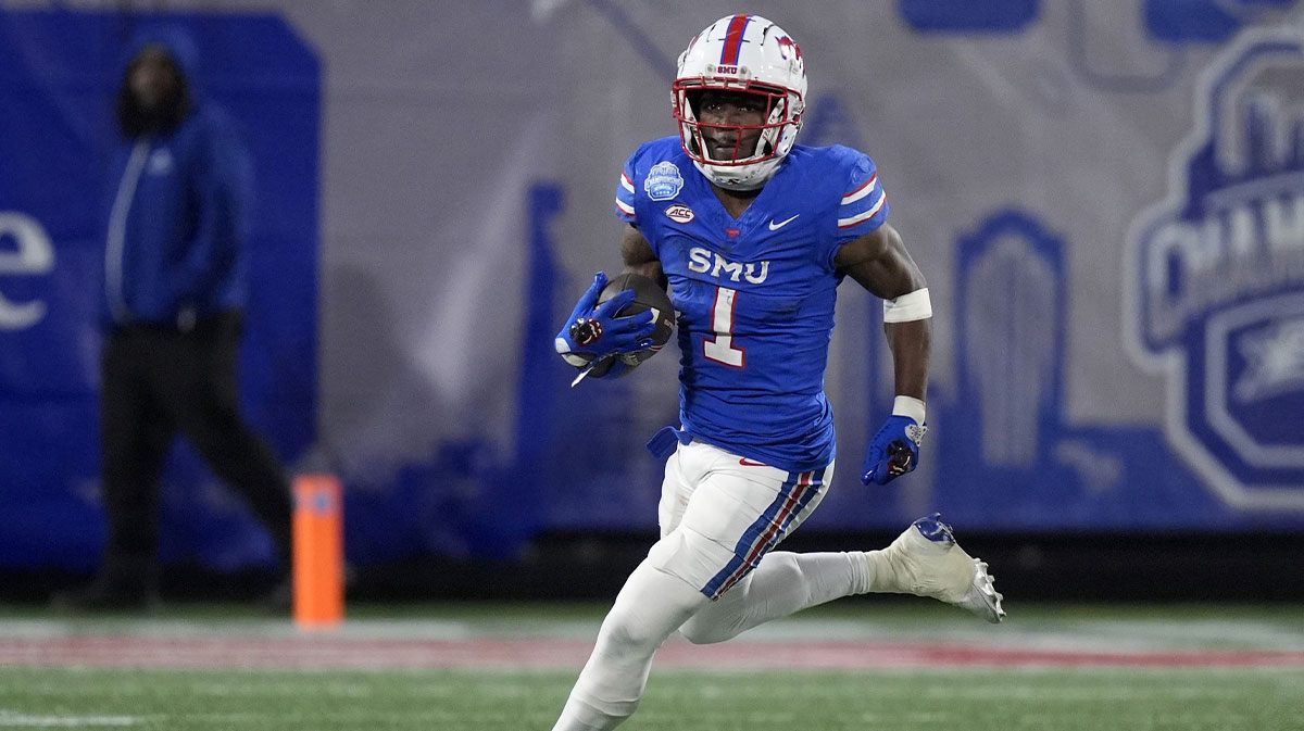 Southern Methodist Mustangs running back Brashard Smith (1) runs during the second quarter against the Clemson Tigers in the 2024 ACC Championship game at Bank of America Stadium.