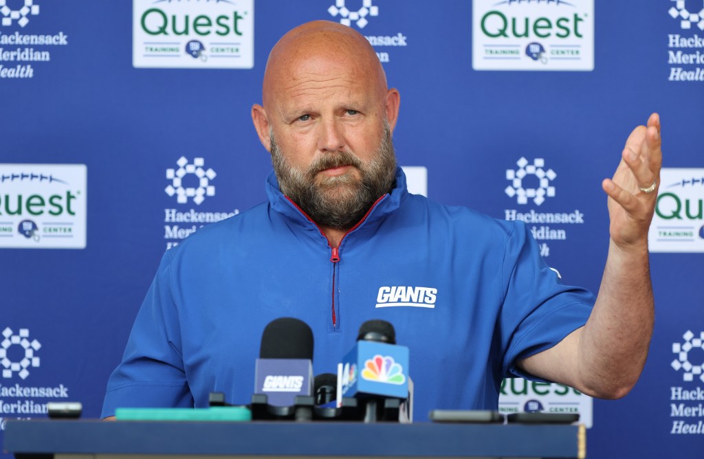 Giants coach Brian Daboll talks with reporters on June 12, 2025.