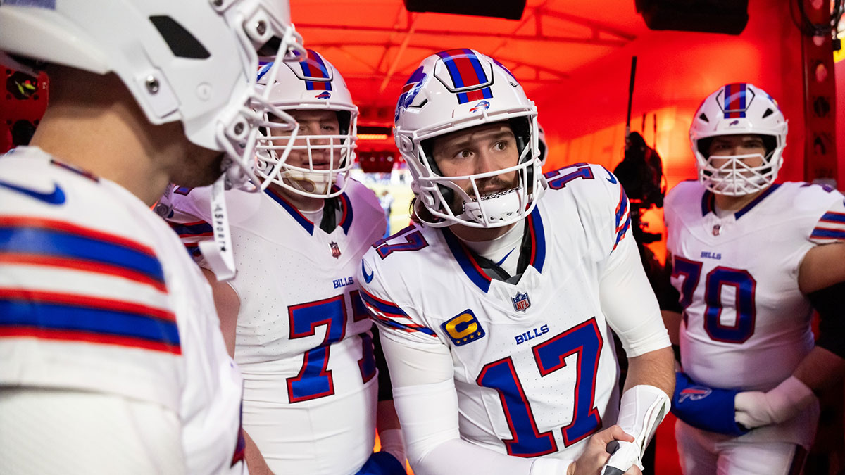 Buffalo Bills quarterback Josh Allen (17) with teammates prior to the game against the Kansas City Chiefs in the AFC Championship game at GEHA Field at Arrowhead Stadium.