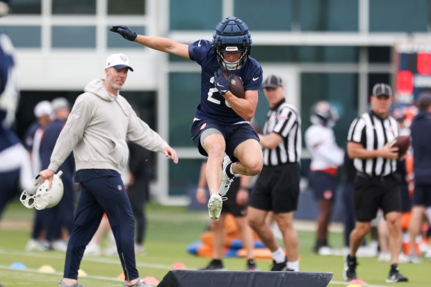 Bears wide receiver JP Richardson completes a drill during practice at Halas Hall on Tuesday, June 3, 2025. (Eileen T. Meslar/Chicago Tribune)