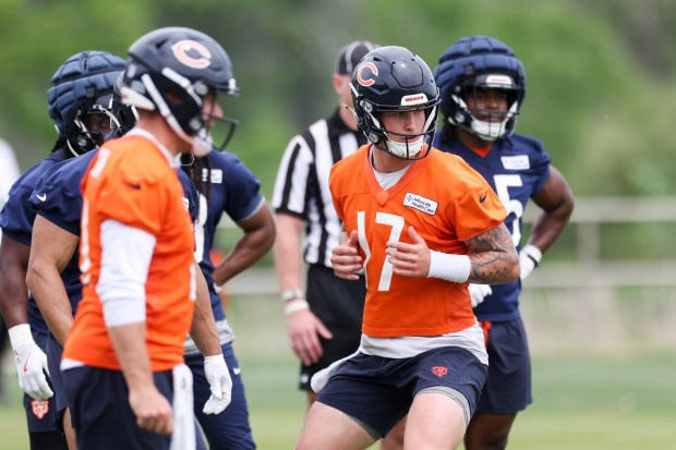 Bears quarterback Tyson Bagent (17) practices at Halas Hall on Tuesday, June 3, 2025. (Eileen T. Meslar/Chicago Tribune)