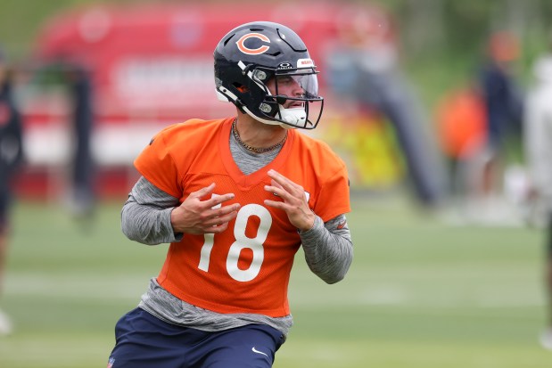 Bears quarterback Caleb Williams completes a drill during practice at Halas Hall on Tuesday, June 3, 2025. (Eileen T. Meslar/Chicago Tribune)