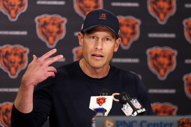 Bears coach Ben Johnson answers questions during a news conference after practice at Halas Hall on Tuesday, June 3, 2025. (Eileen T. Meslar/Chicago Tribune)