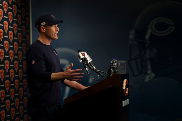 Bears coach Ben Johnson answers questions during a news conference after practice at Halas Hall on Tuesday, June 3, 2025. (Eileen T. Meslar/Chicago Tribune)