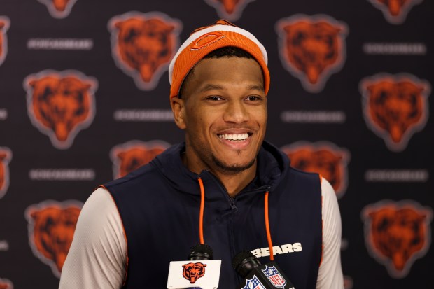 Bears wide receiver DJ Moore answers questions during a news conference after practice at Halas Hall on Tuesday, June 3, 2025. (Eileen T. Meslar/Chicago Tribune)