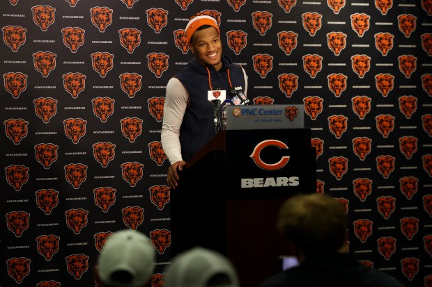 Bears wide receiver DJ Moore answers questions during a news conference after practice at Halas Hall on Tuesday, June 3, 2025. (Eileen T. Meslar/Chicago Tribune)