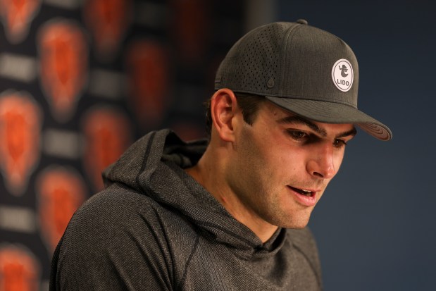 Bears tight end Cole Kmet answers questions during a news conference after practice at Halas Hall on Tuesday, June 3, 2025. (Eileen T. Meslar/Chicago Tribune)