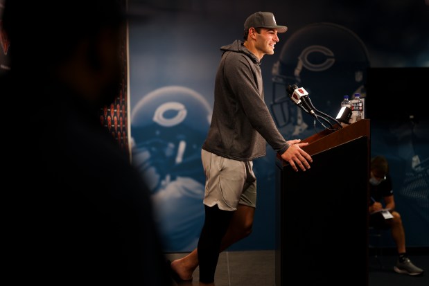 Bears tight end Cole Kmet answers questions during a news conference after practice at Halas Hall on Tuesday, June 3, 2025. (Eileen T. Meslar/Chicago Tribune)