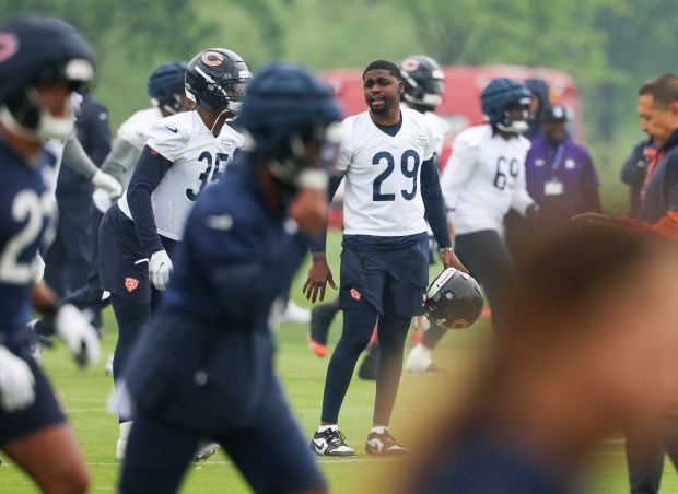 Cornerback Tyrique Stevenson (29) during Bears minicamp at Halas Hall on June 4, 2025, in Lake Forest. (Stacey Wescott/Chicago Tribune)