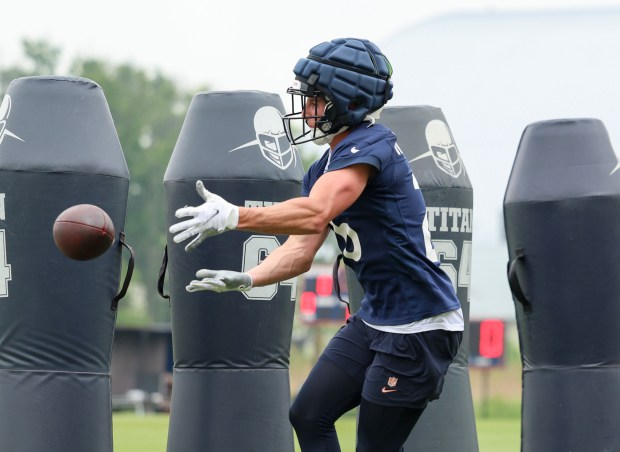 Wide receiver JP Richardson reaches for the ball during Bears minicamp at Halas Hall on June 4, 2025, in Lake Forest. (Stacey Wescott/Chicago Tribune)
