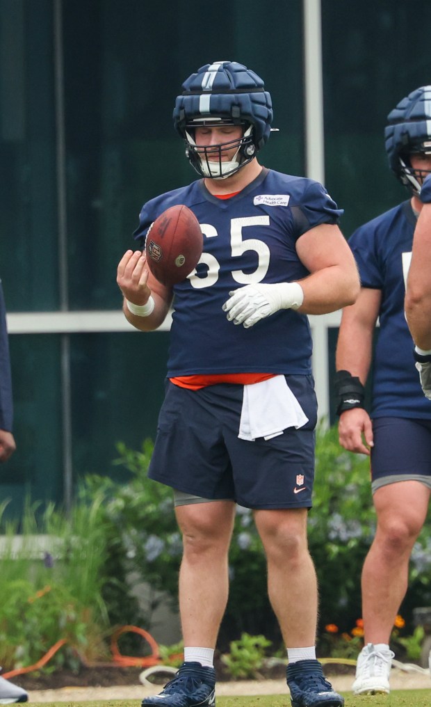 Offensive tackle Luke Newman during Bears minicamp at Halas Hall on June 4, 2025, in Lake Forest. (Stacey Wescott/Chicago Tribune)