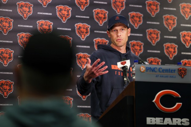 Coach Ben Johnson answers questions following Bears minicamp at Halas Hall on June 4, 2025, in Lake Forest. (Stacey Wescott/Chicago Tribune)