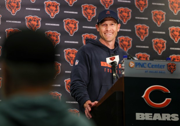Coach Ben Johnson answers questions following Bears minicamp at Halas Hall on June 4, 2025, in Lake Forest. (Stacey Wescott/Chicago Tribune)