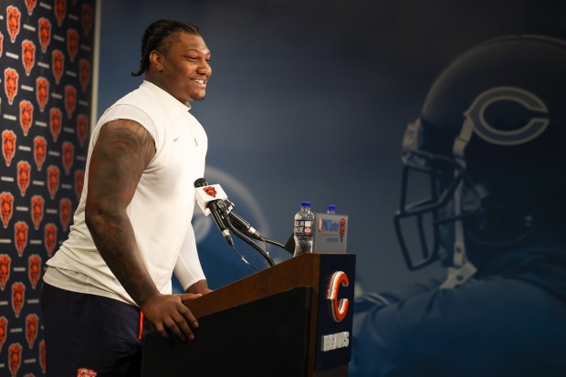 Defensive tackle Gervon Dexter Sr. (99) speaks with the media following Bears minicamp at Halas Hall on June 4, 2025, in Lake Forest. (Stacey Wescott/Chicago Tribune)
