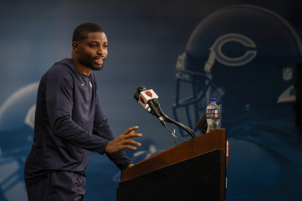 Cornerback Tyrique Stevenson speaks with the media following Bears minicamp at Halas Hall on June 4, 2025, in Lake Forest. (Stacey Wescott/Chicago Tribune)