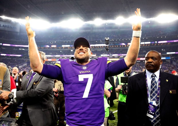 Quarterback Case Keenum celebrates as he walks off the field after the Vikings defeated the Saints 29-24 in an NFC divisional round playoff game at U.S. Bank Stadium on Jan. 14, 2018, in Minneapolis. (Jamie Squire/Getty Images)