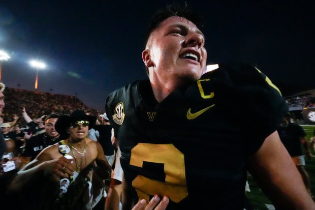 Vanderbilt quarterback Diego Pavia celebrates a 40-35 win against Alabama on Oct. 5, 2024, in Nashville, Tenn. (AP Photo/George Walker IV)