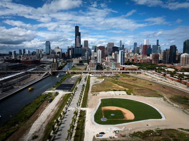 A baseball field Sept. 6, 2024, on The 78, a 62-acre South Loop site where the Chicago White Sox also want to build a new stadium. (E. Jason Wambsgans/Chicago Tribune)