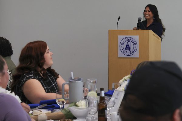 Abi Francisco, El Camino College Interim Director of Athletics, speaks to attendees of the 2025 ECC Athletics Hall of Fame ceremony in the Gymnasium on Thursday, May 29. (Eddy Cermeno | The Union)