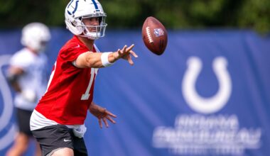 Indianapolis Colts quarterback Daniel Jones (17) pitches a ball during training camp at the Farm Bureau Football complex.