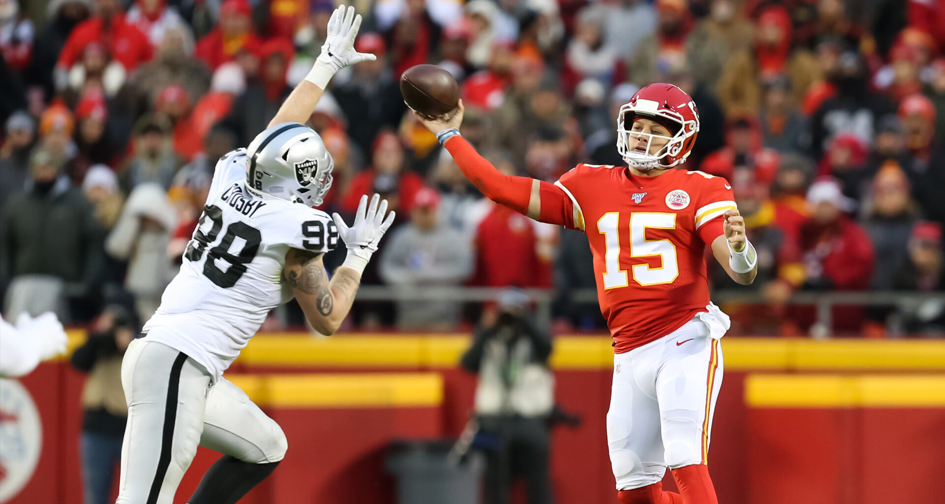 Maxx Crosby, defensive end, #98, Raiders & Patrick Mahomes, quarterback, #15, Chiefs (Photo by Getty Images)