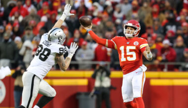 Maxx Crosby, defensive end, #98, Raiders & Patrick Mahomes, quarterback, #15, Chiefs (Photo by Getty Images)